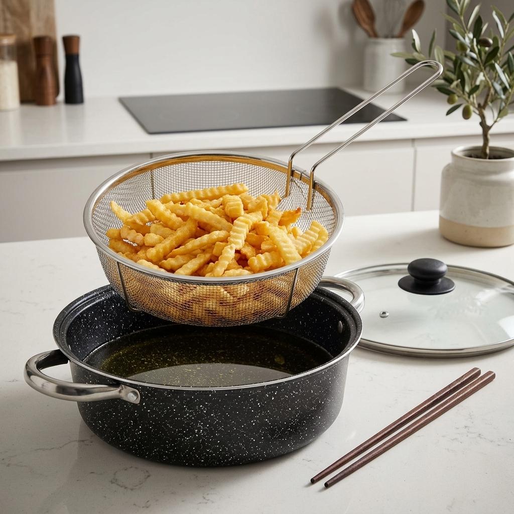 24cm Non-Stick Deep Fryer Pan Set with Basket, Glass Lid & Chopsticks Multi-Purpose Cooking Pot