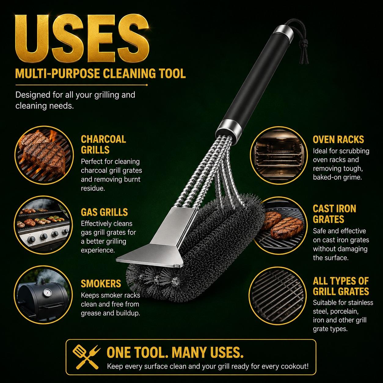 44cm BBQ Cleaning Brush & Scraper Stainless Steel Grill Brush with Non-Slip Ergonomic Handle for Charcoal & Gas BBQ Grills