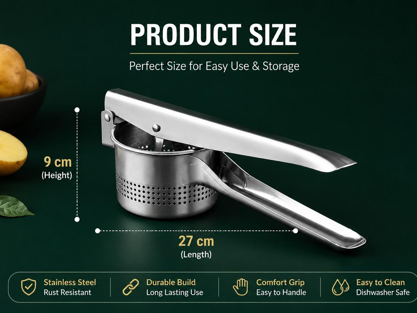 Stainless Steel Potato Ricer & Masher with Non-Slip Handle, Heavy Duty Handheld Potato Press for Smooth Mashed Potatoes, Vegetable Ricer for Home Kitchen Cooking