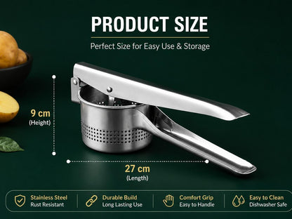 Stainless Steel Potato Ricer & Masher with Non-Slip Handle, Heavy Duty Handheld Potato Press for Smooth Mashed Potatoes, Vegetable Ricer for Home Kitchen Cooking