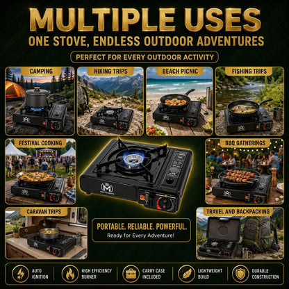 Portable Camping Gas Stove with Automatic Piezo Ignition Lightweight Butane Gas Cooker Outdoor Camping Stove with Carry Case for Hiking BBQ Fishing Picnic Travel 36 × 31 × 9 cm