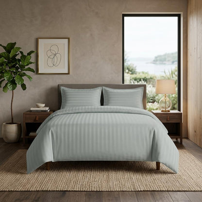 Premium Hotel Quality PolyCotton Satin Stripe Duvet Cover Set with Pillowcases Quilt Bedding Soft Easy Care Luxury Bed Linen