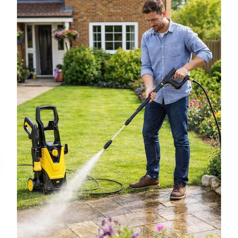 1400W High Pressure Washer 105 Bar Electric Jet Washer with Spray Gun, Hose & Detergent Bottle – Portable Car & Patio Cleaning Machine, Adjustable Nozzle, IPX5 Waterproof