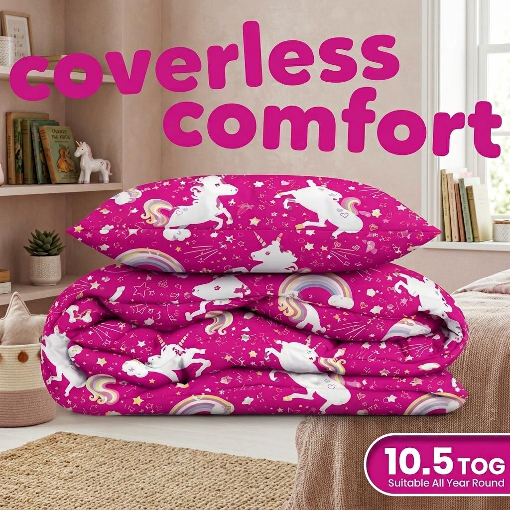 Coverless Duvet Set 10.5 Tog Reversible Quilted Bedding with Pillowcases Unicorn & Gamer Design Single Double Bed Set