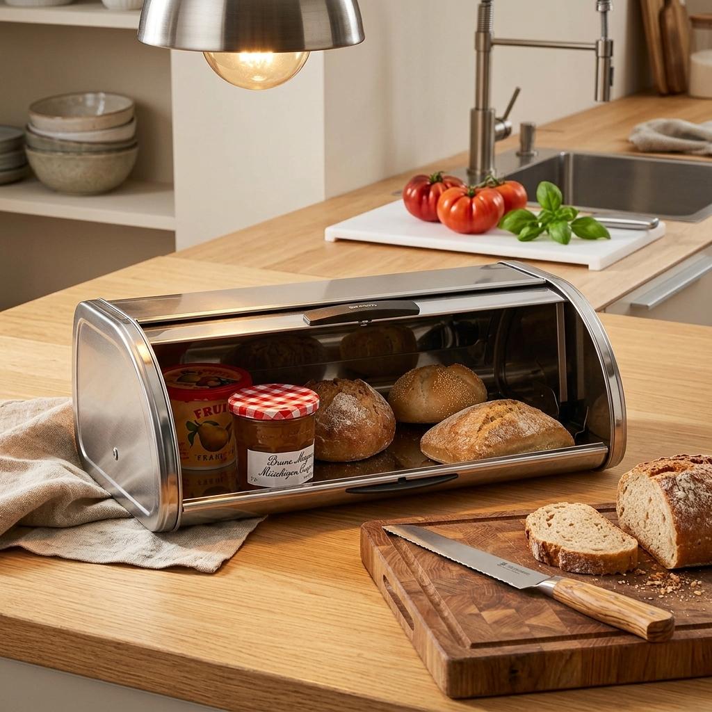 Stainless Steel Bread Bin Medium Chrome Finish Bread Storage Box for Kitchen Countertop Bread, Rolls & Baked Goods