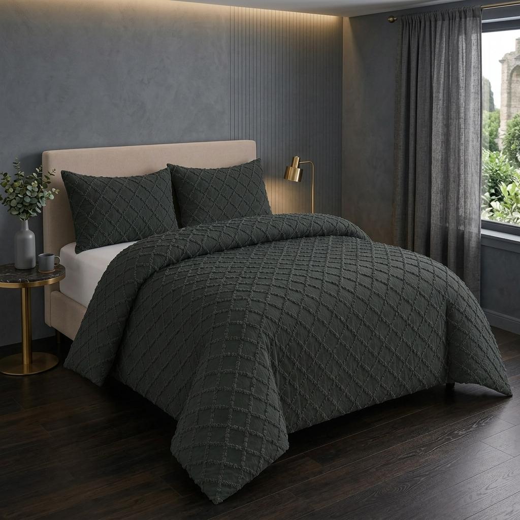 Diamond Tufted Duvet Cover Set Soft Microfibre Bedding Set with Pillowcases Hidden Zip Quilt Cover Easy Care UK Sizes