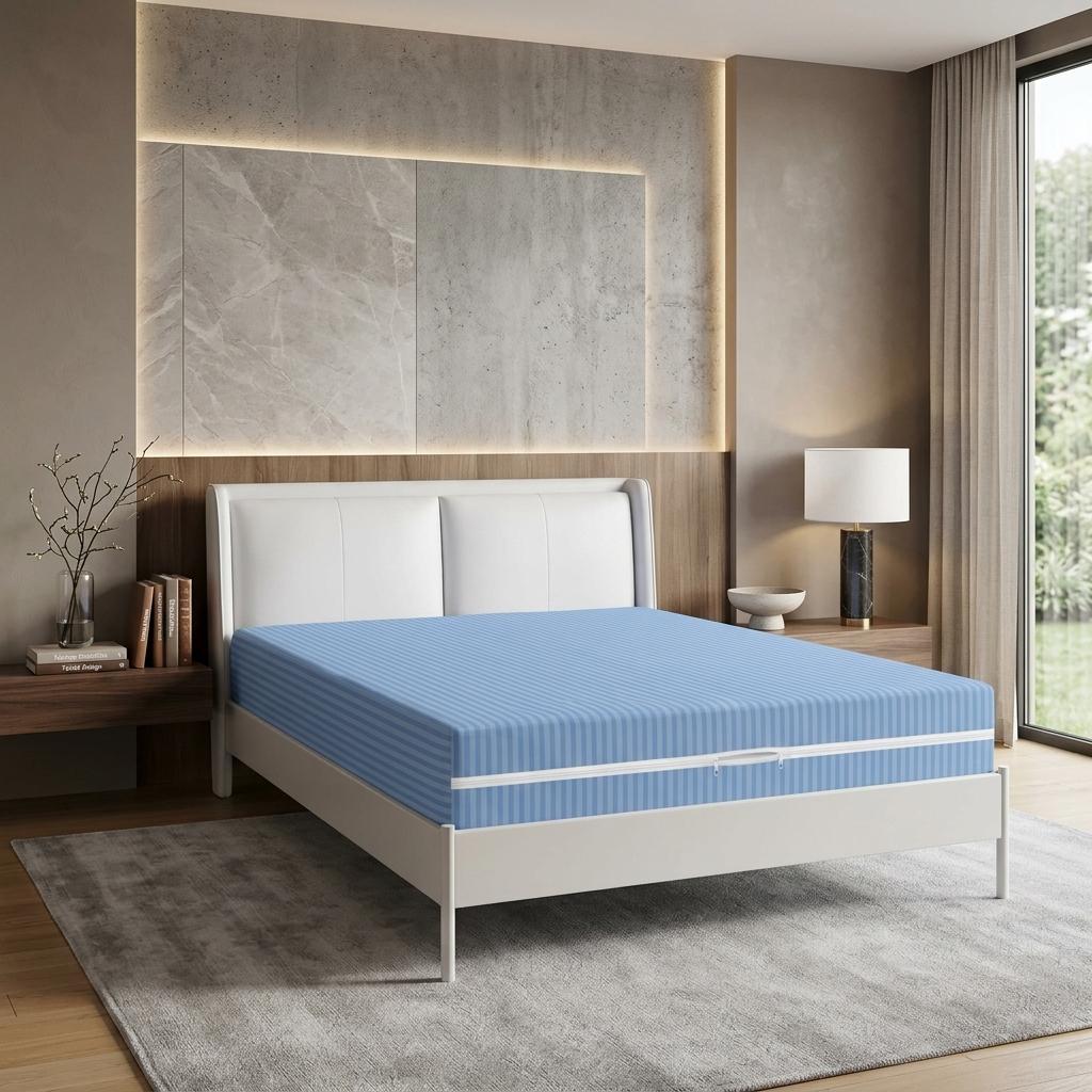 Satin Stripe Zipped Mattress Protector Double Side Zipper Closure Full Encasement Covers Anti Bed Bug Mattress Zip Protector 30cm Deep Matress Cover with Zip Blue and white