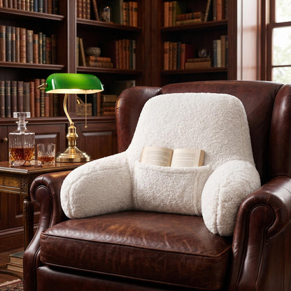 Plush Teddy Fleece Reading Pillow with Armrests & Pocket – Soft Backrest Cushion