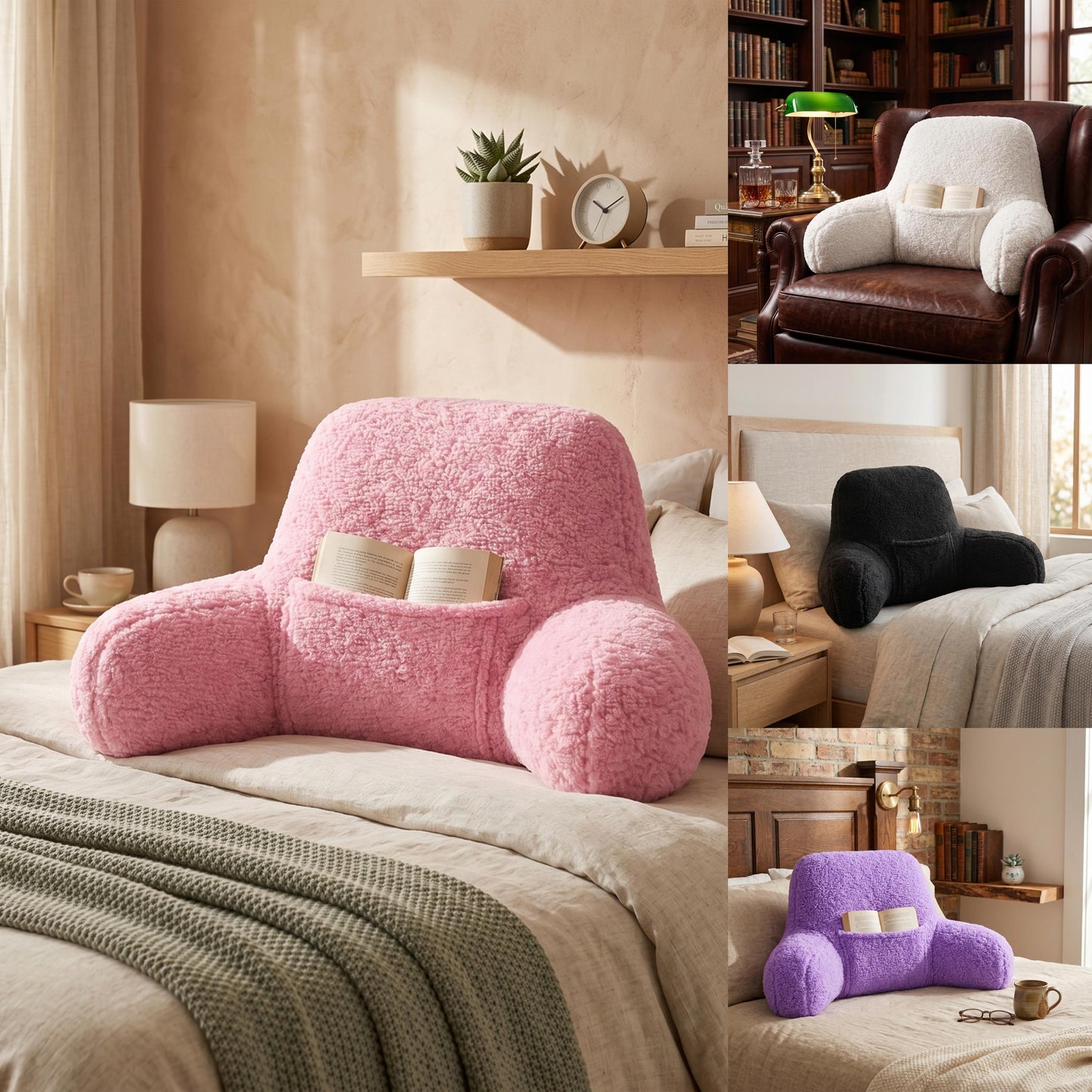 Plush Teddy Fleece Reading Pillow with Armrests & Pocket – Soft Backrest Cushion