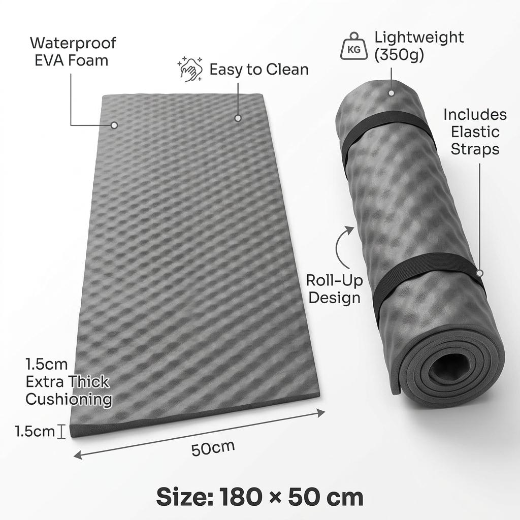 Camping Mat Waterproof EVA Foam Sleeping Mat 180x50x1.5cm Lightweight Roll Up Yoga Exercise Mat with Elastic Straps for Hiking Travel