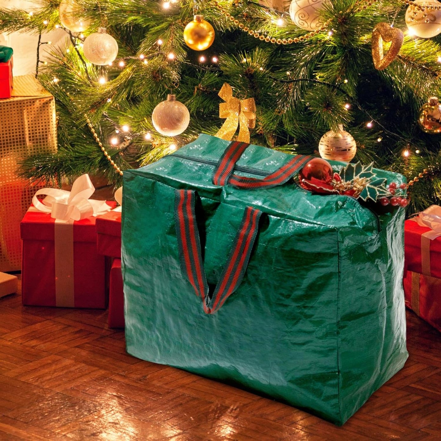 Large Christmas Lights Storage Bag Zip Closure Strong Handles Delicate Decorations Ornaments Baubles Wrapping Paper and Tinsel Storage Durable Woven Polyethylene Material L46 x W25 x H38cm