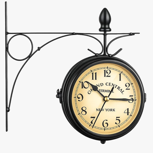 Vintage Double Sided Wall Clock for Indoor & Outdoor Use Weather Resistant Analogue Garden Clock with Metal Bracket, Silent Movement & Black Iron Frame