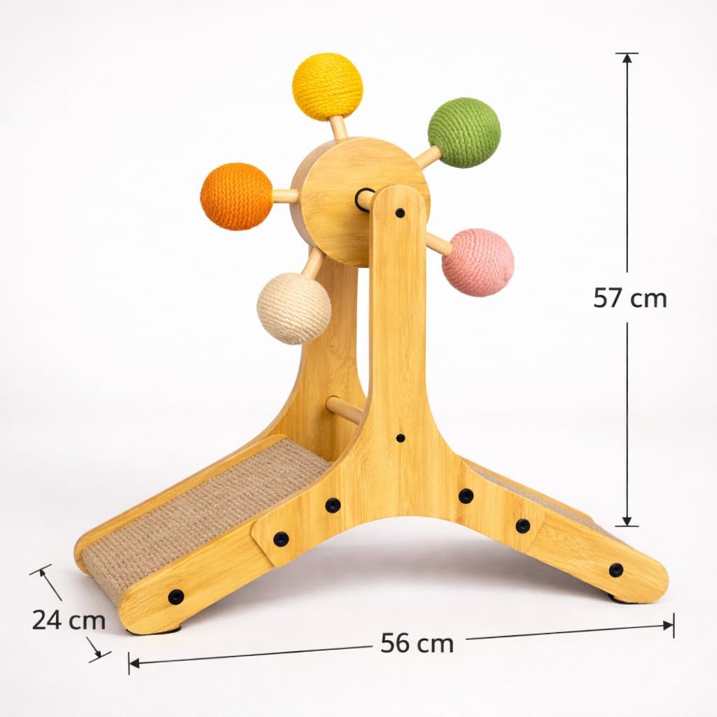 Rotating Ball Cat Scratcher with Sisal Board Wooden Interactive Cat Scratching Post &Toy Natural Bamboo Scratcher for Indoor Cats, Kittens & Small Pets