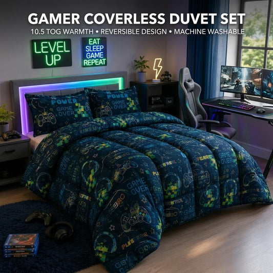 Reversible Coverless Duvet Set 10.5 Tog Soft Quilted Bedding Set with Pillowcases Unicorn Gamer Print Single Double