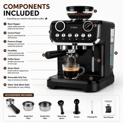 Home Coffee Machine Espresso Maker with Milk Frother Steam Wand Dual Shot Brewing and Pressure Gauge for Cappuccino Latte Lovers