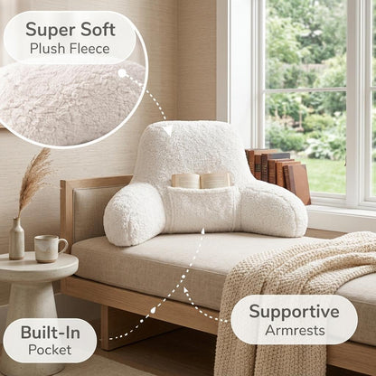 Plush Teddy Fleece Reading Pillow with Armrests & Pocket – Soft Backrest Cushion