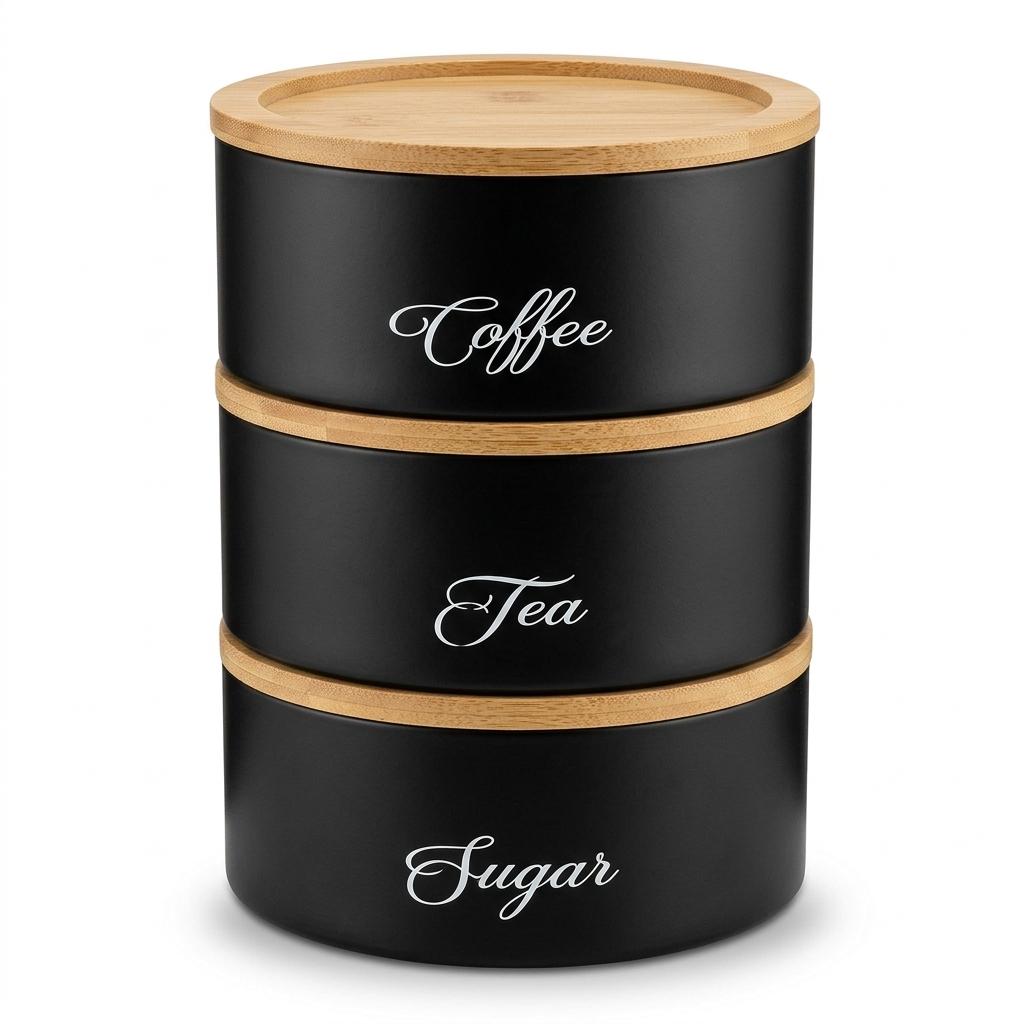 3 Piece Round Storage Canister Set Stackable Metal Kitchen Containers with Bamboo Lids for Tea, Coffee, Sugar & Pantry Storage