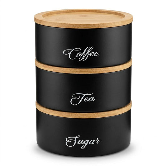 3 Piece Round Storage Canister Set Stackable Metal Kitchen Containers with Bamboo Lids for Tea, Coffee, Sugar & Pantry Storage