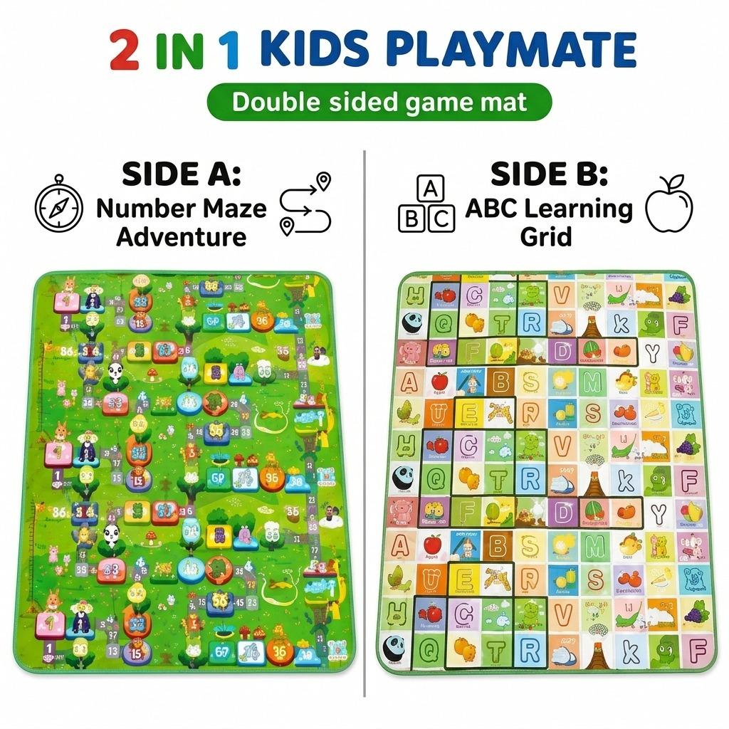 2 in 1 Kids Play Mat Double Sided Foldable Baby & Toddler Playmat 200 x 180cm with Carry Bag