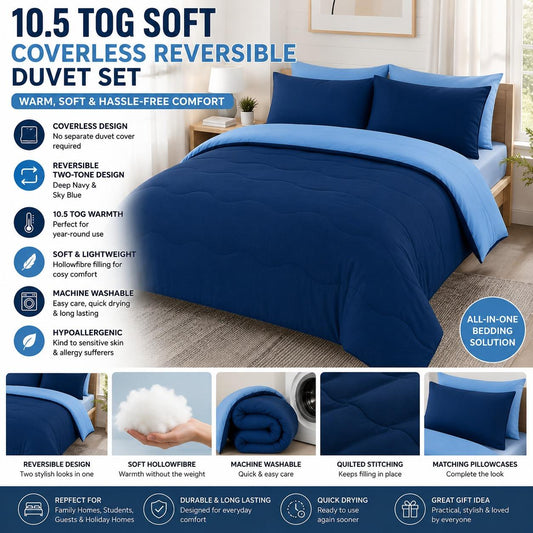 10.5 Tog Coverless Reversible Duvet Set with Pillowcase Soft Microfibre Quilt Machine Washable Bedding Navy Natural Pink Grey Single, Double, King & Super King