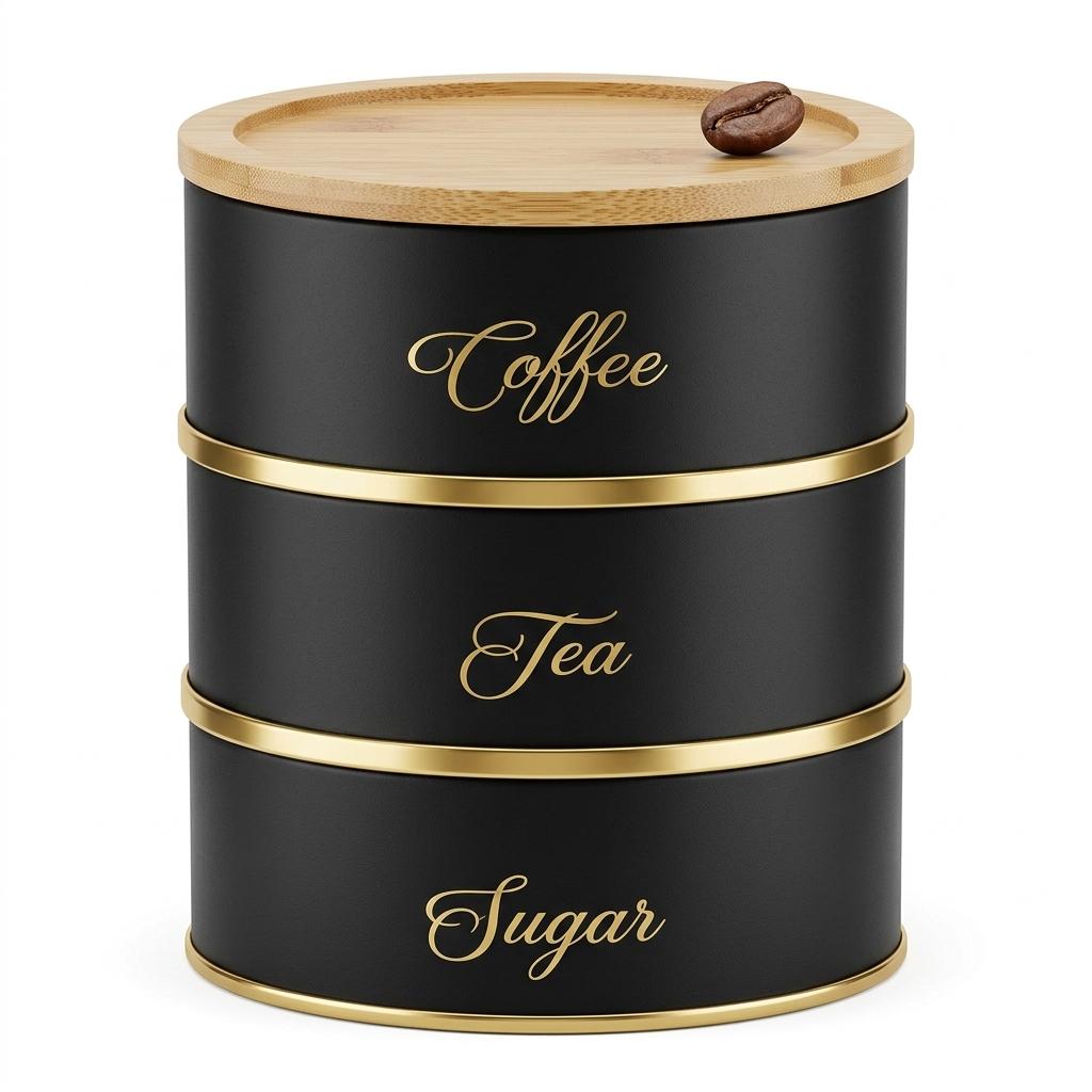 3 Piece Round Storage Canister Set Stackable Metal Kitchen Containers with Bamboo Lids for Tea, Coffee, Sugar & Pantry Storage