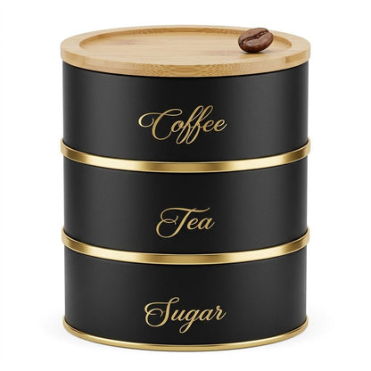 3 Piece Round Storage Canister Set Stackable Metal Kitchen Containers with Bamboo Lids for Tea, Coffee, Sugar & Pantry Storage