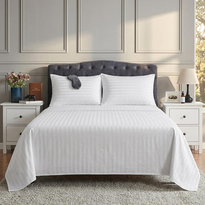 Stripe Flat Sheet 100% Cotton White Bedding Single Double King Super King Soft Breathable Bed Sheet UK