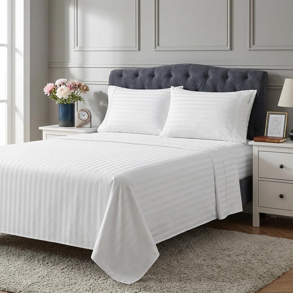 Stripe Flat Sheet 100% Cotton White Bedding Single Double King Super King Soft Breathable Bed Sheet UK