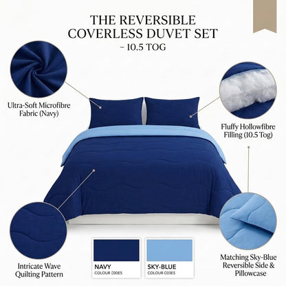 10.5 Tog Coverless Reversible Duvet Set with Pillowcase Soft Microfibre Quilt Machine Washable Bedding Navy Natural Pink Grey Single, Double, King & Super King