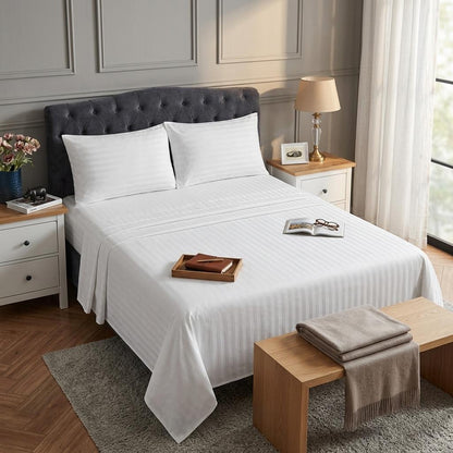 Stripe Flat Sheet 100% Cotton White Bedding Single Double King Super King Soft Breathable Bed Sheet UK