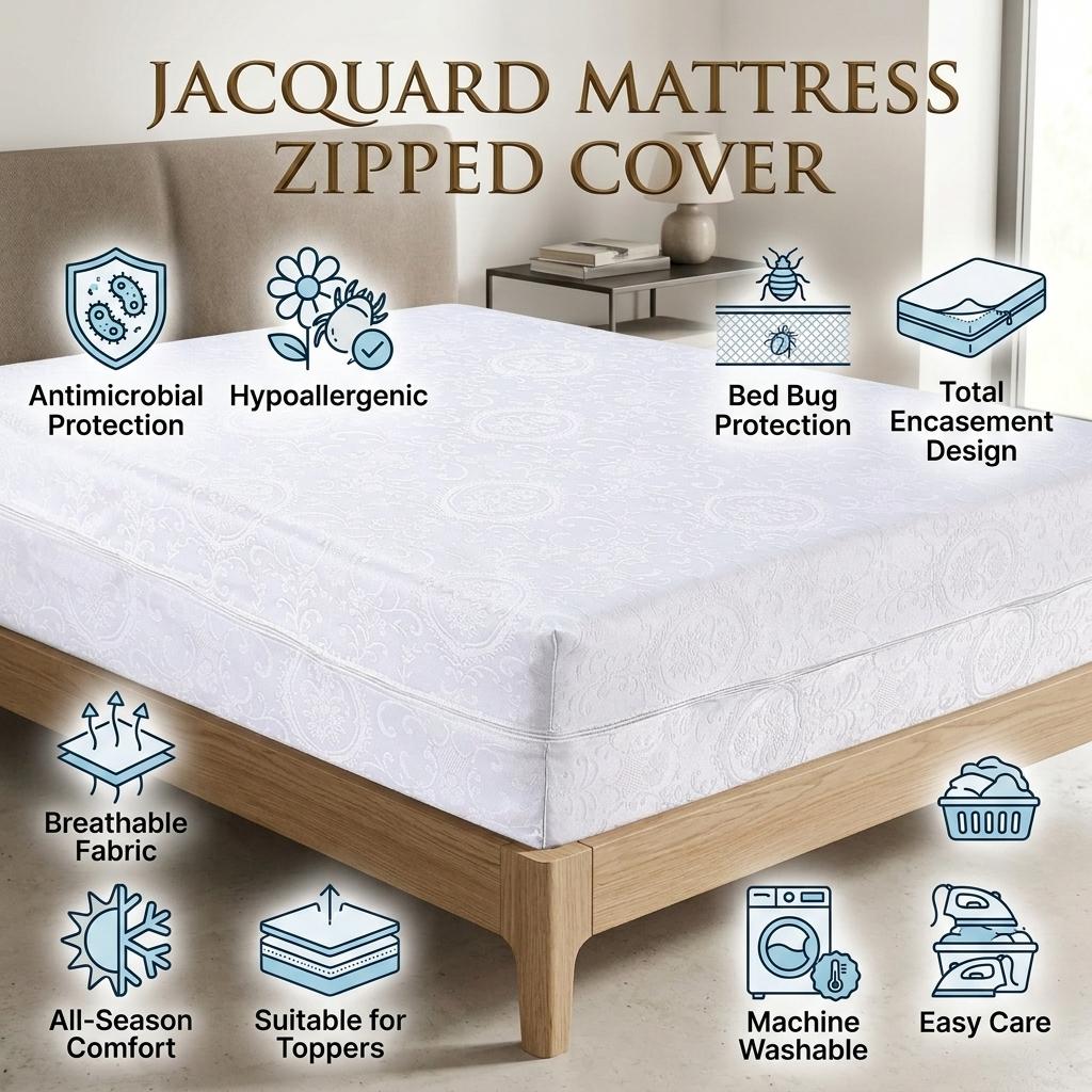 Zipped Mattress Protector Full Encasement Jacquard Flower Polycotton Anti Bed Bug Cover Breathable Hypoallergenic White