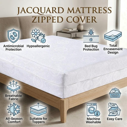 Zipped Mattress Protector Full Encasement Jacquard Flower Polycotton Anti Bed Bug Cover Breathable Hypoallergenic White