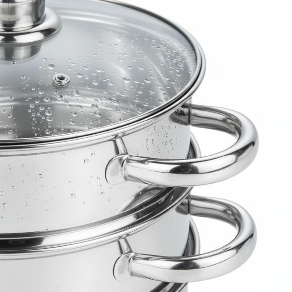 3 Tier Stainless Steel Steamer Set with Glass Lid – 25cm Multi-Level Cooking Pot (4 Piece Set) for Healthy Meals - Cookware