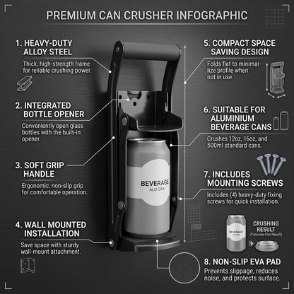 2 in 1 Wall Mounted Can Crusher & Bottle Opener Heavy Duty Metal Can Crusher with Soft Grip Handle Recycling Tool for Soda & Drink Cans Black & Blue