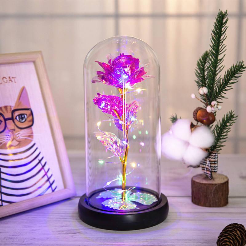 Light Up Artificial Rose in Glass Dome with LED Lights Decorative Flower Display Ornament Random Colour