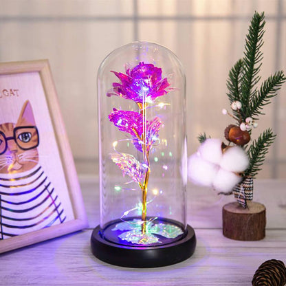 Light Up Artificial Rose in Glass Dome with LED Lights Decorative Flower Display Ornament Random Colour