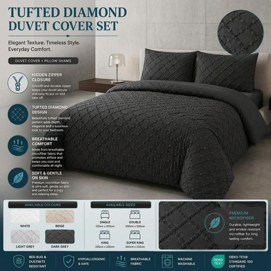 Diamond Tufted Duvet Cover Set Soft Microfibre Bedding Set with Pillowcases Hidden Zip Quilt Cover Easy Care UK Sizes