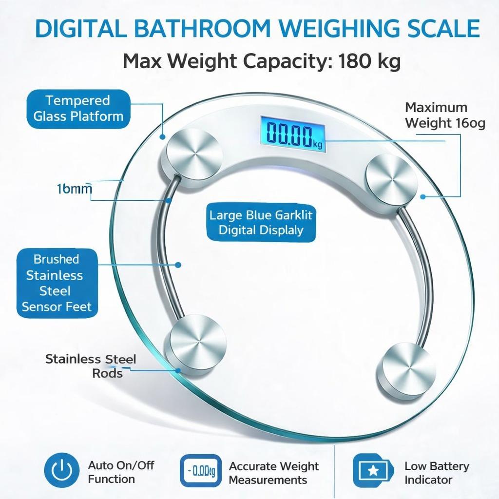 Digital Bathroom Scale for Body Weight High Precision Sensor Weighing Scale with LED Display Step-On Electronic Weight Machine for Home