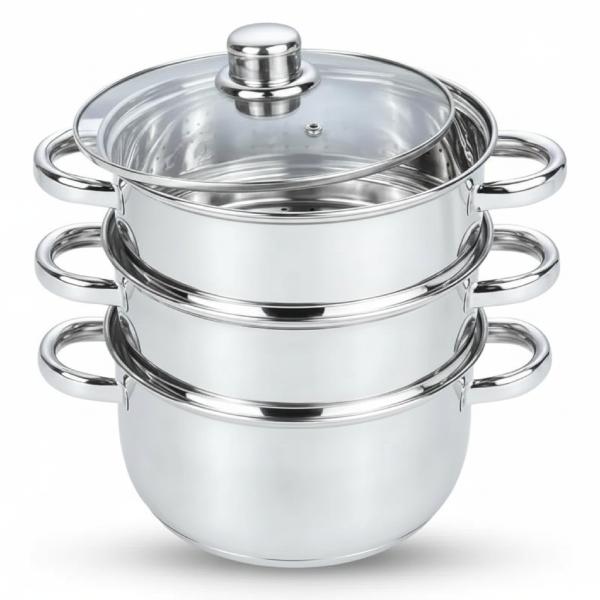 3 Tier Stainless Steel Steamer Set with Glass Lid – 25cm Multi-Level Cooking Pot (4 Piece Set) for Healthy Meals - Cookware
