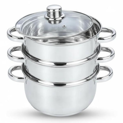 3 Tier Stainless Steel Steamer Set with Glass Lid – 25cm Multi-Level Cooking Pot (4 Piece Set) for Healthy Meals - Cookware