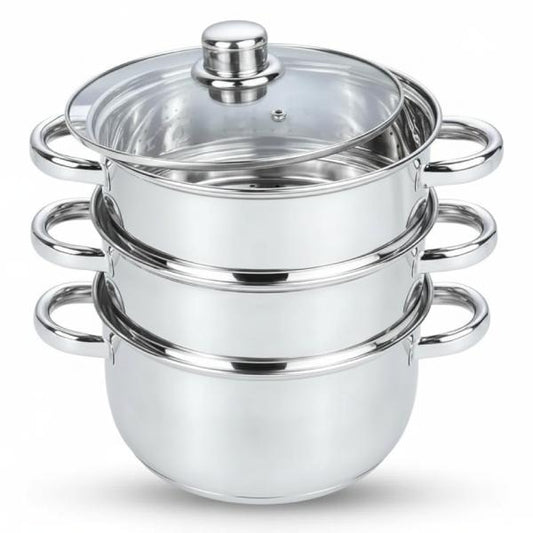 3 Tier Stainless Steel Steamer Set with Glass Lid – 25cm Multi-Level Cooking Pot (4 Piece Set) for Healthy Meals - Cookware