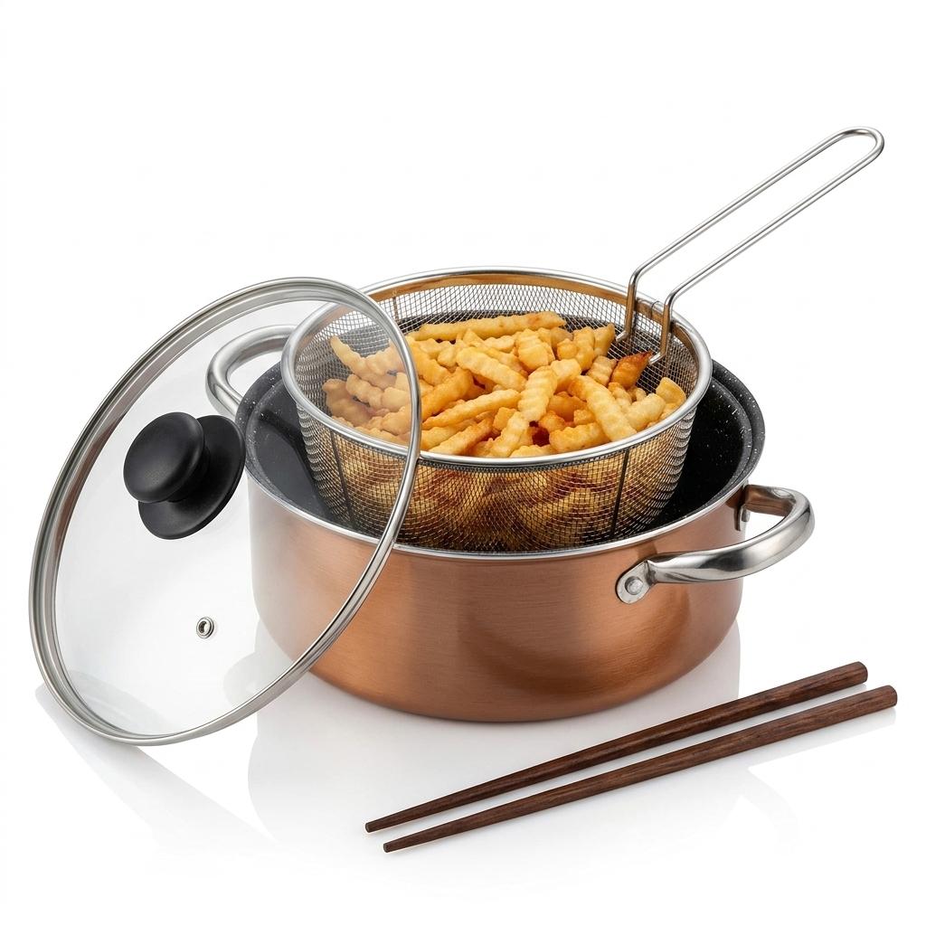 24cm Non-Stick Deep Fryer Pan Set with Basket, Glass Lid & Chopsticks Multi-Purpose Cooking Pot
