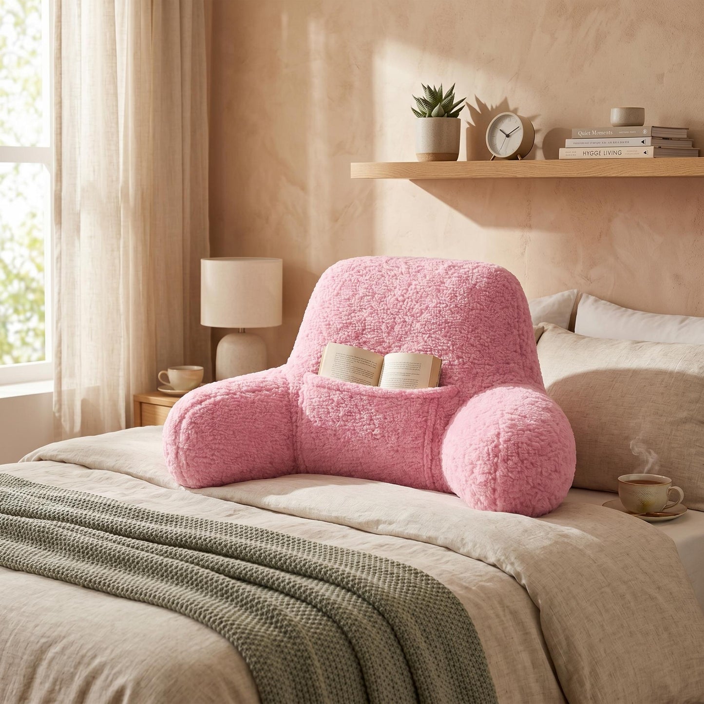 Plush Teddy Fleece Reading Pillow with Armrests & Pocket – Soft Backrest Cushion
