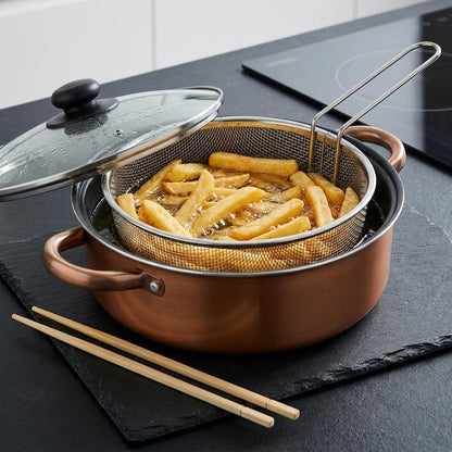 24cm Non-Stick Deep Fryer Pan Set with Basket, Glass Lid & Chopsticks Multi-Purpose Cooking Pot