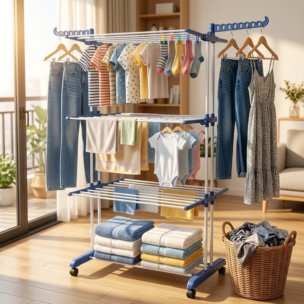 4 Tier Foldable Clothes Airer Drying Rack with Wheels Adjustable Indoor Laundry Dryer 18m Drying Space Lightweight & Durable for Household Use