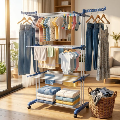 4 Tier Foldable Clothes Airer Drying Rack with Wheels Adjustable Indoor Laundry Dryer 18m Drying Space Lightweight & Durable for Household Use