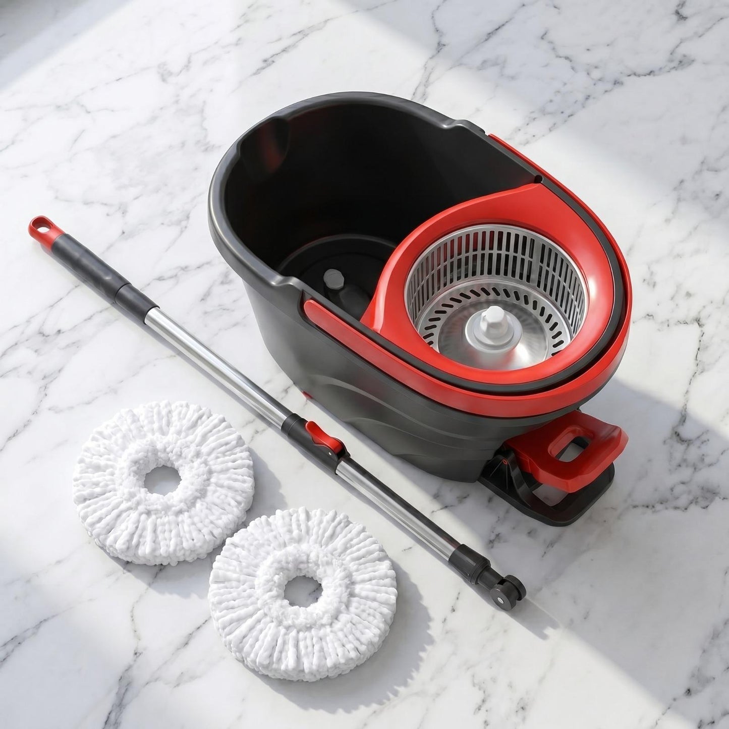 Deluxe Spin Mop and Bucket Set with Stainless Steel Handle Microfibre Mop Heads and Foot Pedal