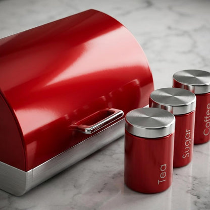 4PC Kitchen Storage Set Red Bread Bin with Tea Coffee Sugar Canisters Stainless Steel Food Containers UK Home Use