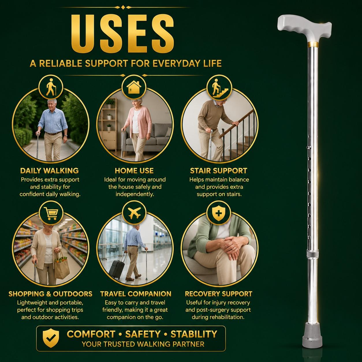 Adjustable Aluminium Walking Stick 28–38 Inch Lightweight Walking Cane with Ergonomic Handle & Anti-Slip Rubber Tip