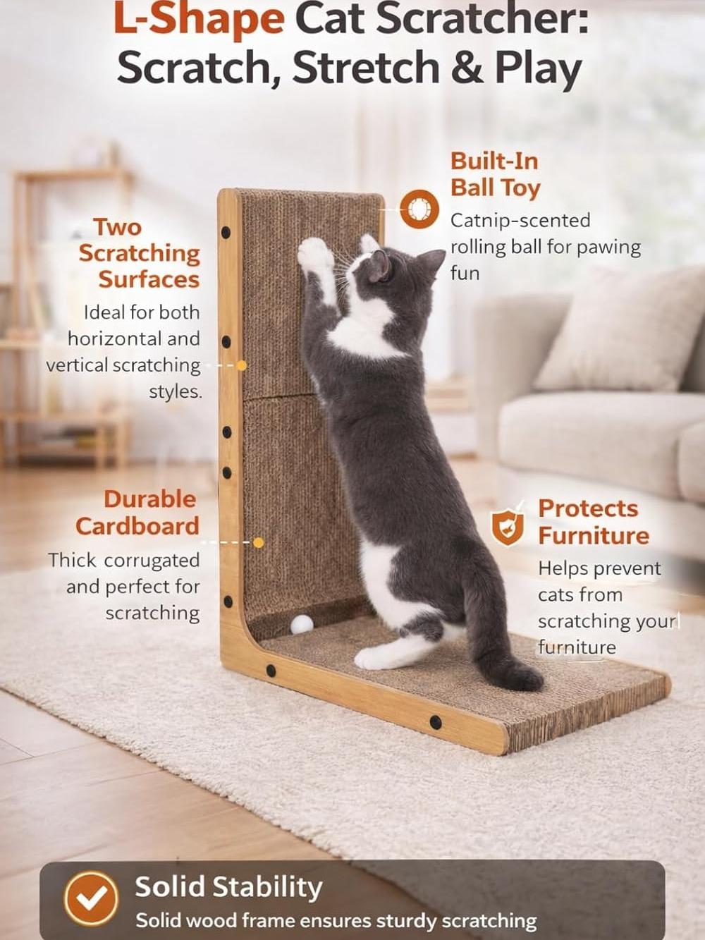 Cat Scratcher L-Shape with Ball Toy Vertical & Horizontal Corrugated Cardboard Scratching Post Wooden Frame Cat Scratch Pad for Indoor Cats